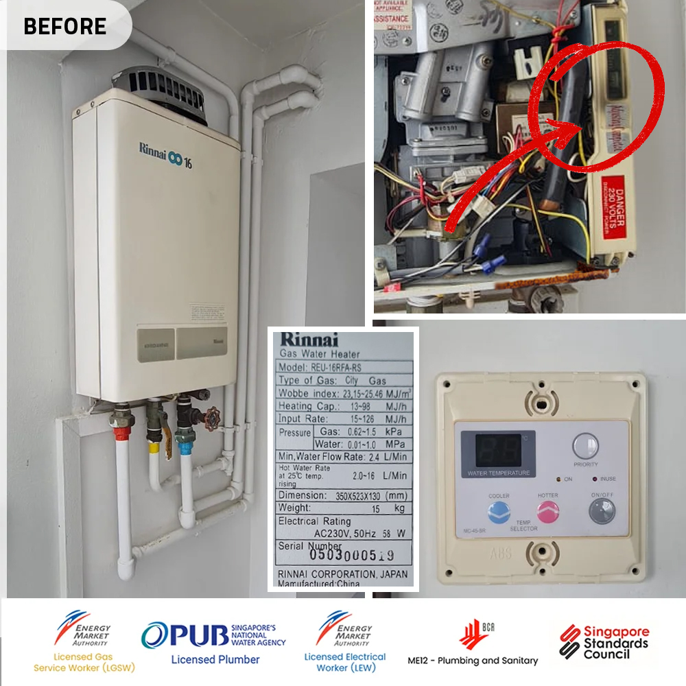 Gas Heater Installation and Replacement in Ang Mo Kio 10 Rinnai gas water heater Condo replacement-mother board melted and no display at Grandeur 8 - 30 Jan 2024