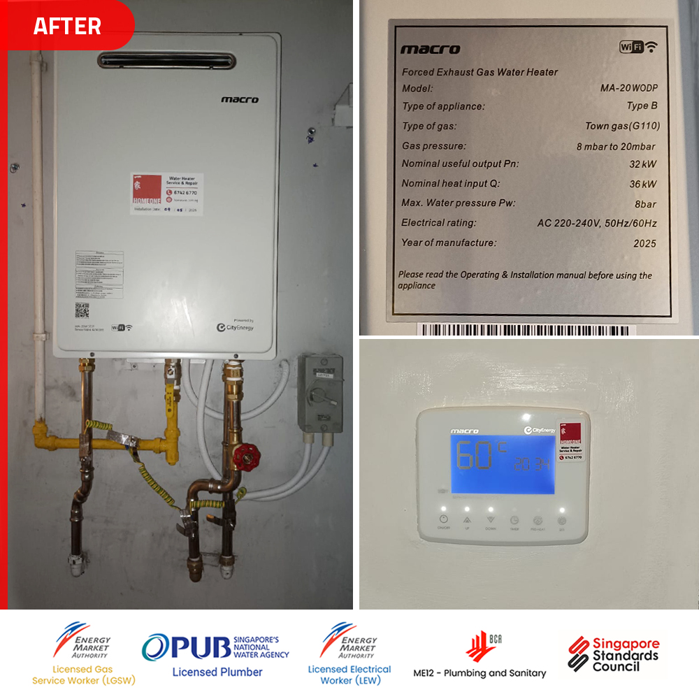 Gas Heater Installation and Replacement in Ang Mo Kio 5 Gas water heater Condo at Centro - Replacement to Macro MA-20WODP 02