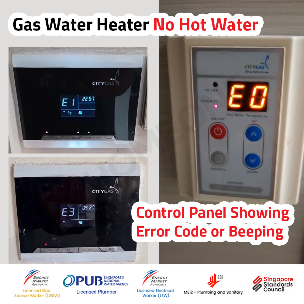 Gas water heater no hot water — error code showing on the control panel citygas