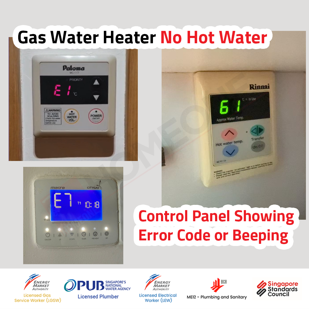 Gas water heater no hot water — error code showing on the control panel