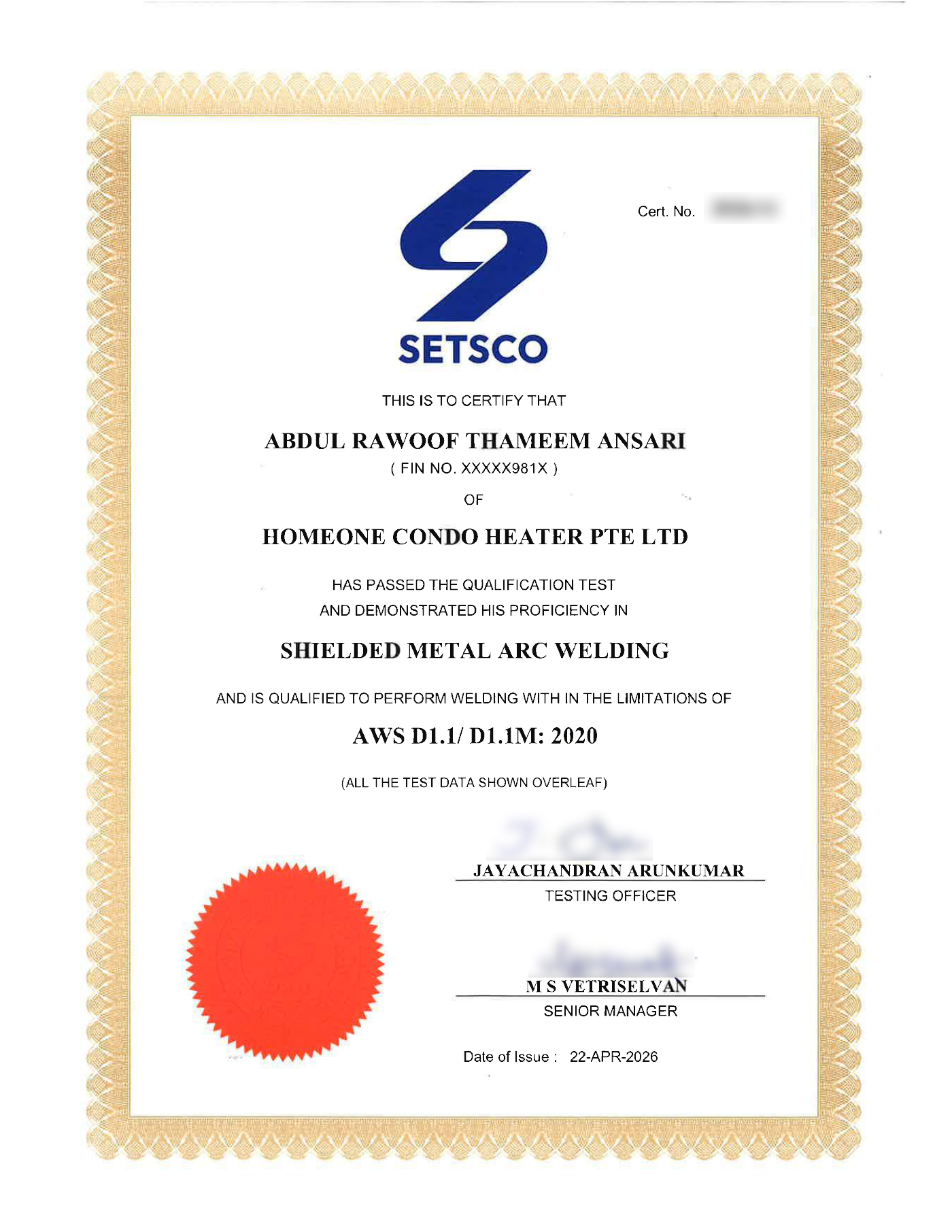 Setsco Thameem Certificate 1