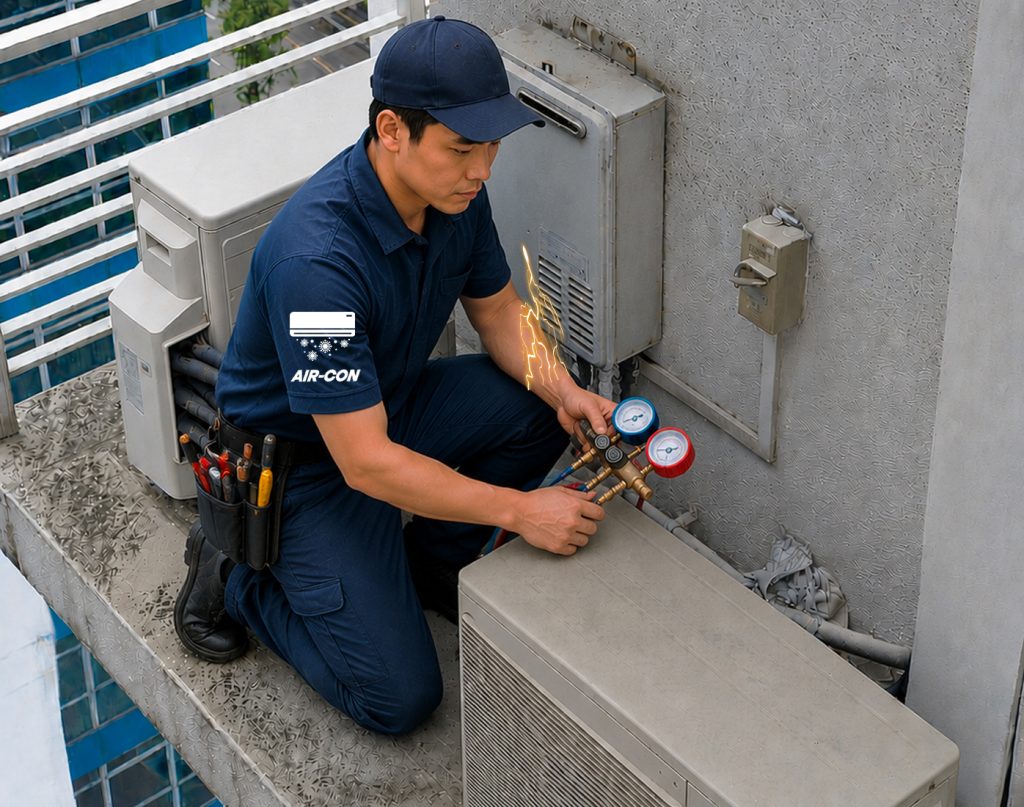 Aircon technician at aircon ledge