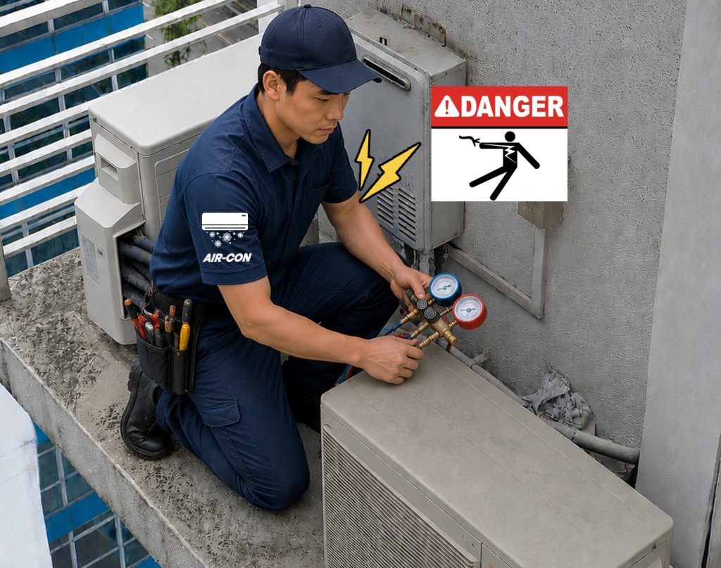 aircon technician at aircon ledge may get electrocution