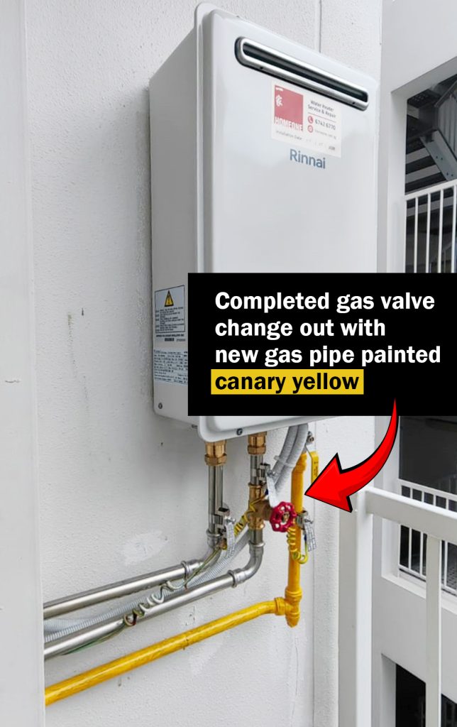 Completed gas valve change out with new gas pipe painted canary yellow new