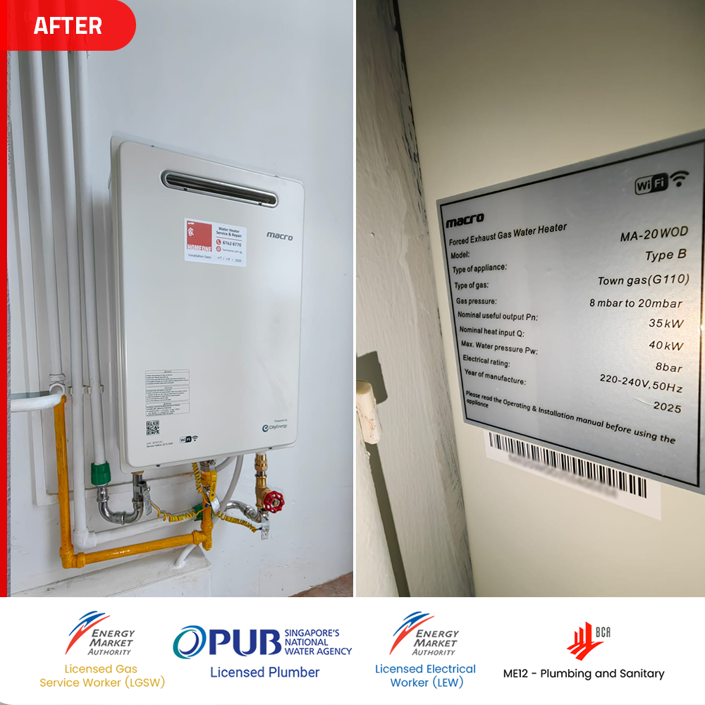 Gas Heater Installation and Replacement in Potong Pasir 10 after Macro MA-20WOD gas water heater installed at 8 @ Woodleigh - Potong Pasir