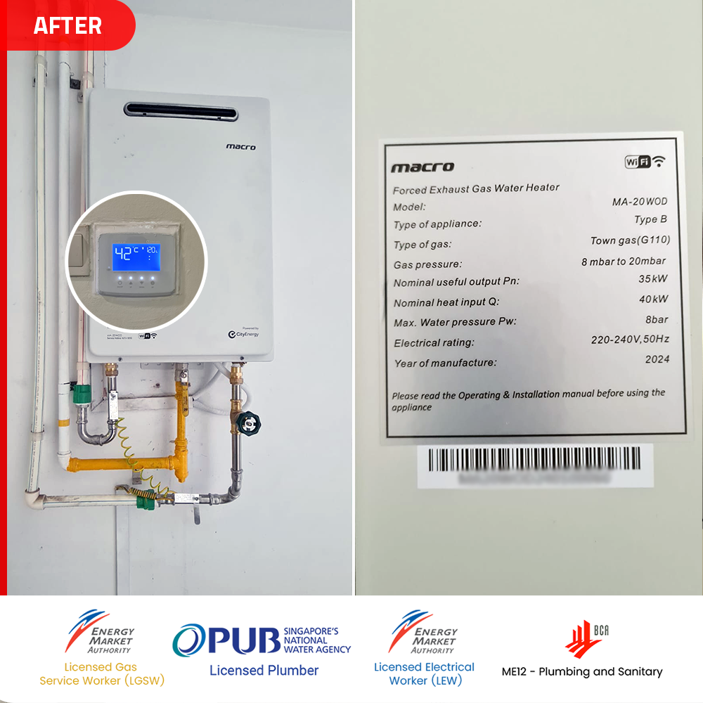Gas Heater Installation and Replacement in Choa Chu Kang 10 after Macro MA 20WOD gas water heater installed at wandervale - choa chu kang