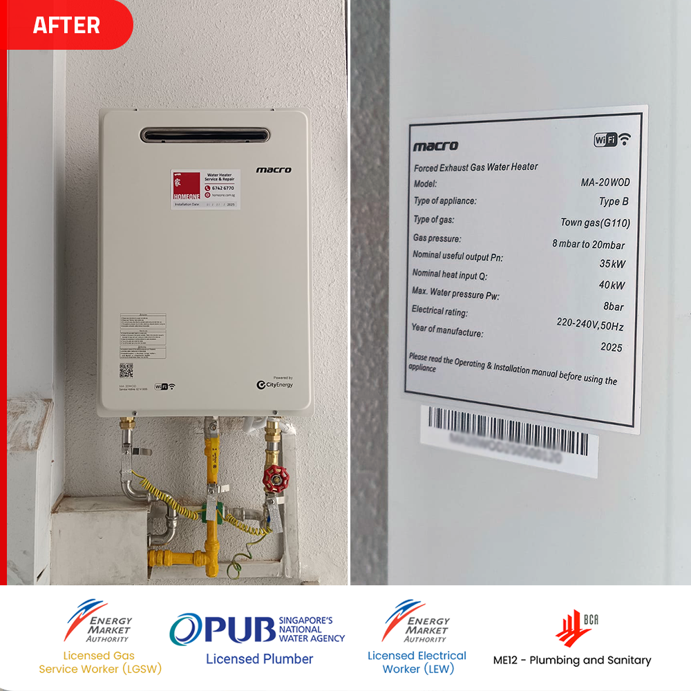 Gas Heater Installation and Replacement in Novena 10 after Macro MA-20WOD gas water heater installed rochelle novena