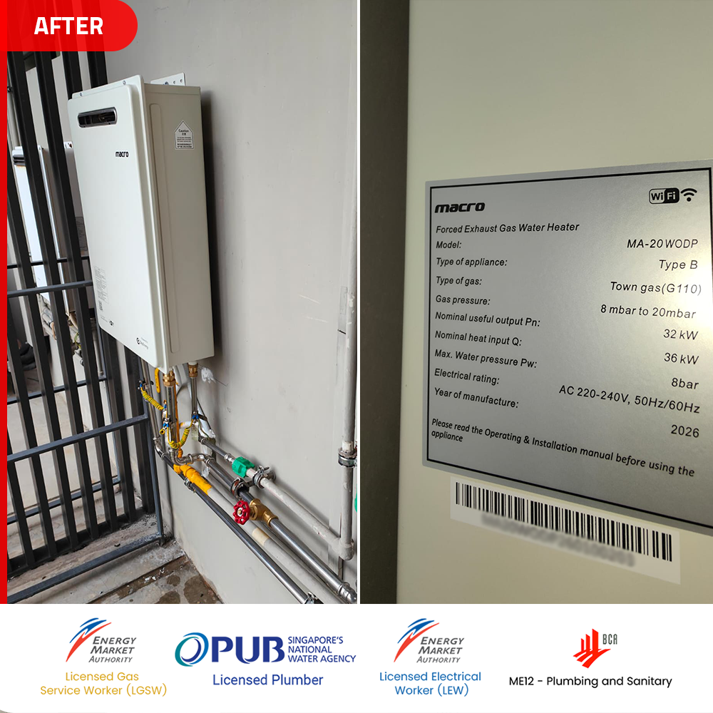 Gas Heater Installation and Replacement in Choa Chu Kang 6 after Macro MA-20WODP gas water heater installed at inz residences - choa chu kang