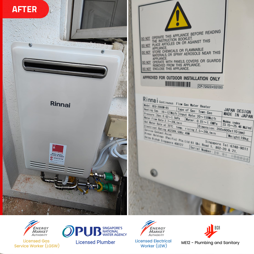 Gas Heater Installation and Replacement in Jurong West 8 after Rinnai REU-2008W-RS gas water heater installed at the lake shore - jurong west