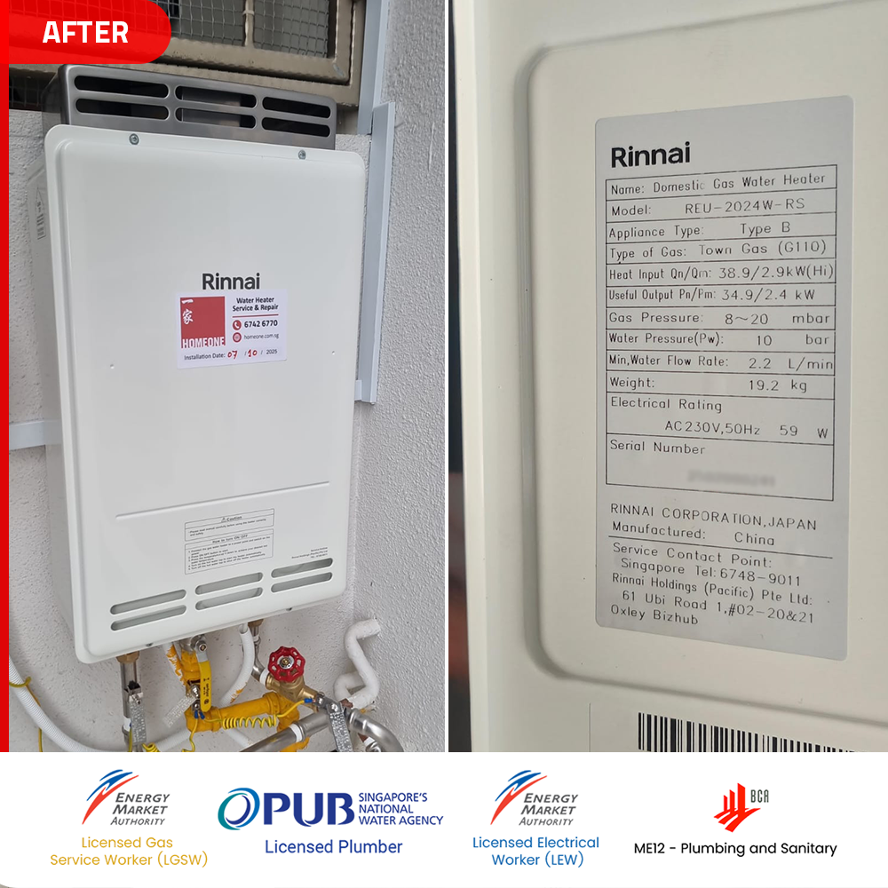 Gas Heater Installation and Replacement in Changi 6 after Rinnai-REU-2024W-RS gas water heater installed at changi rise condo
