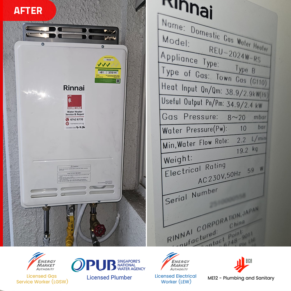 Gas Heater Installation and Replacement in Jurong West 3 after Rinnai REU-2024W-RS gas water heater installed at the caspian jurong west