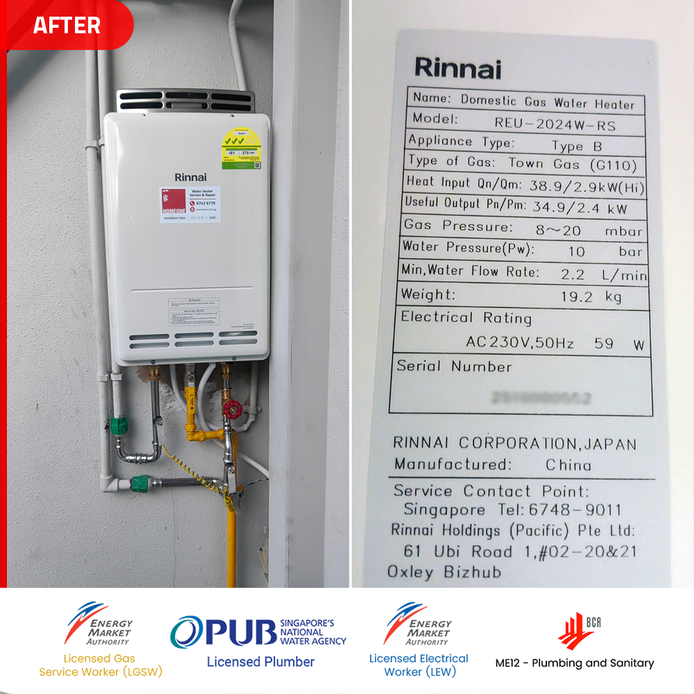 Gas Heater Installation and Replacement in Clementi 14 after Rinnai REU024W-RS gas water heater installed clementi woods condo