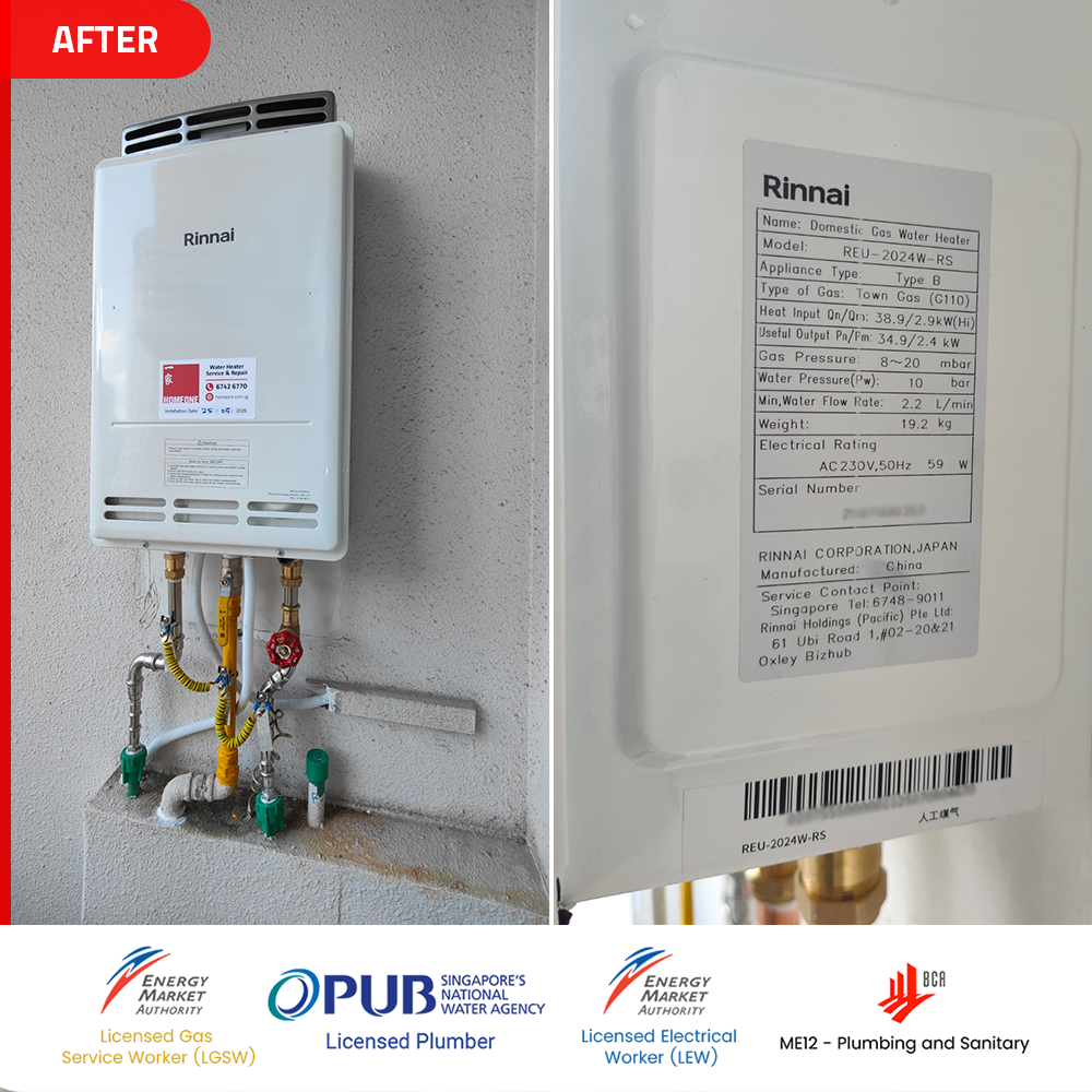 Gas Heater Installation and Replacement in Novena 14 after-Rinnai-REU-2024W-RS-gas-water-heater-installed-lincoln-suites-novena