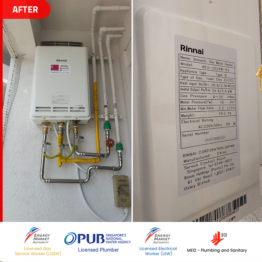 Gas Heater Installation and Replacement in Clementi 10 after Rinnai REU -2024W-RS gas water heater installed monterey park clementi