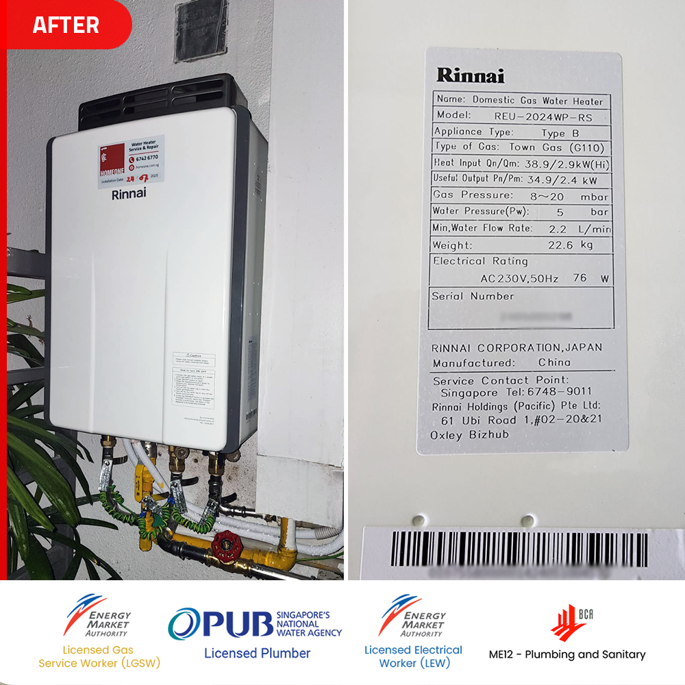 Gas Heater Installation and Replacement in Changi 10 after Rinnai REU02924WO0RS gas water heater installed at parc olympia changi