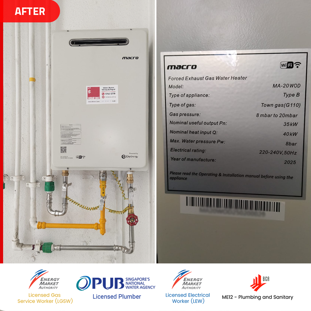 Gas Heater Installation and Replacement in Bukit Panjang 10 after Macro MA-20WOD gas heater installed at blossom residences bukit panjang