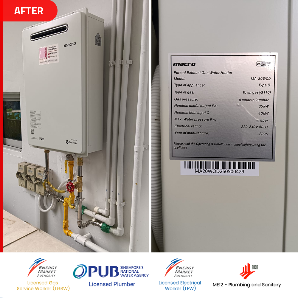 Gas Heater Installation and Replacement in Bishan 6 after Macro MA 20WOD Gas Heater Installed at bishan clover by the park