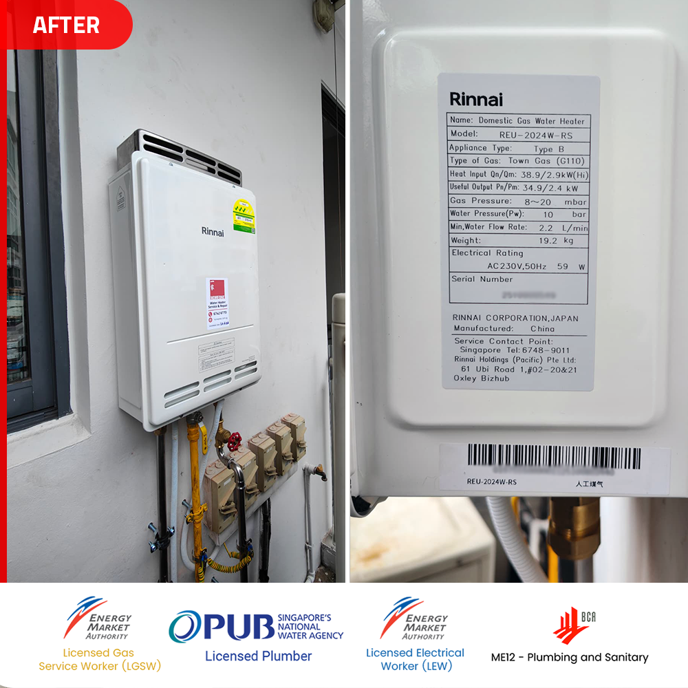 Gas Heater Installation and Replacement in Outram 6 after Rinnai REU-2024W-RS gas heater installed emerald garden