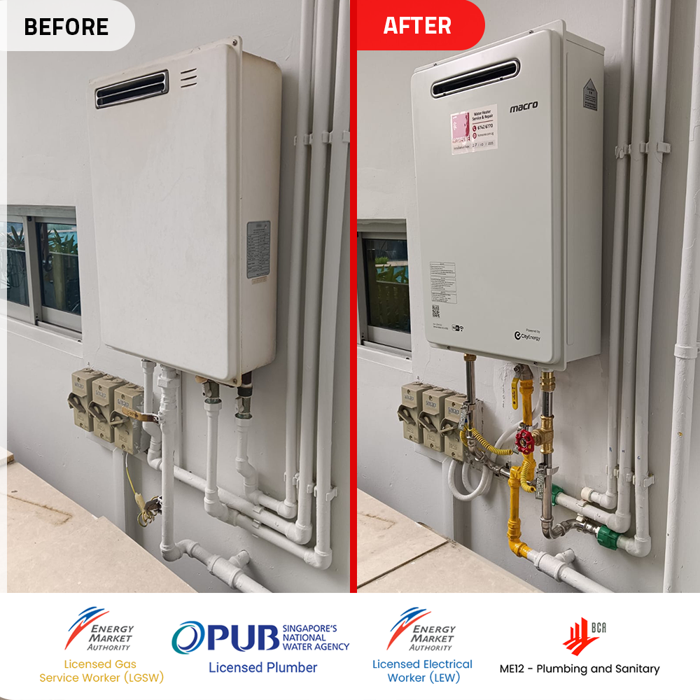 Gas Heater Installation and Replacement in Bishan 4 before after gas heater powered by city gas replacement at bishan clover by the park