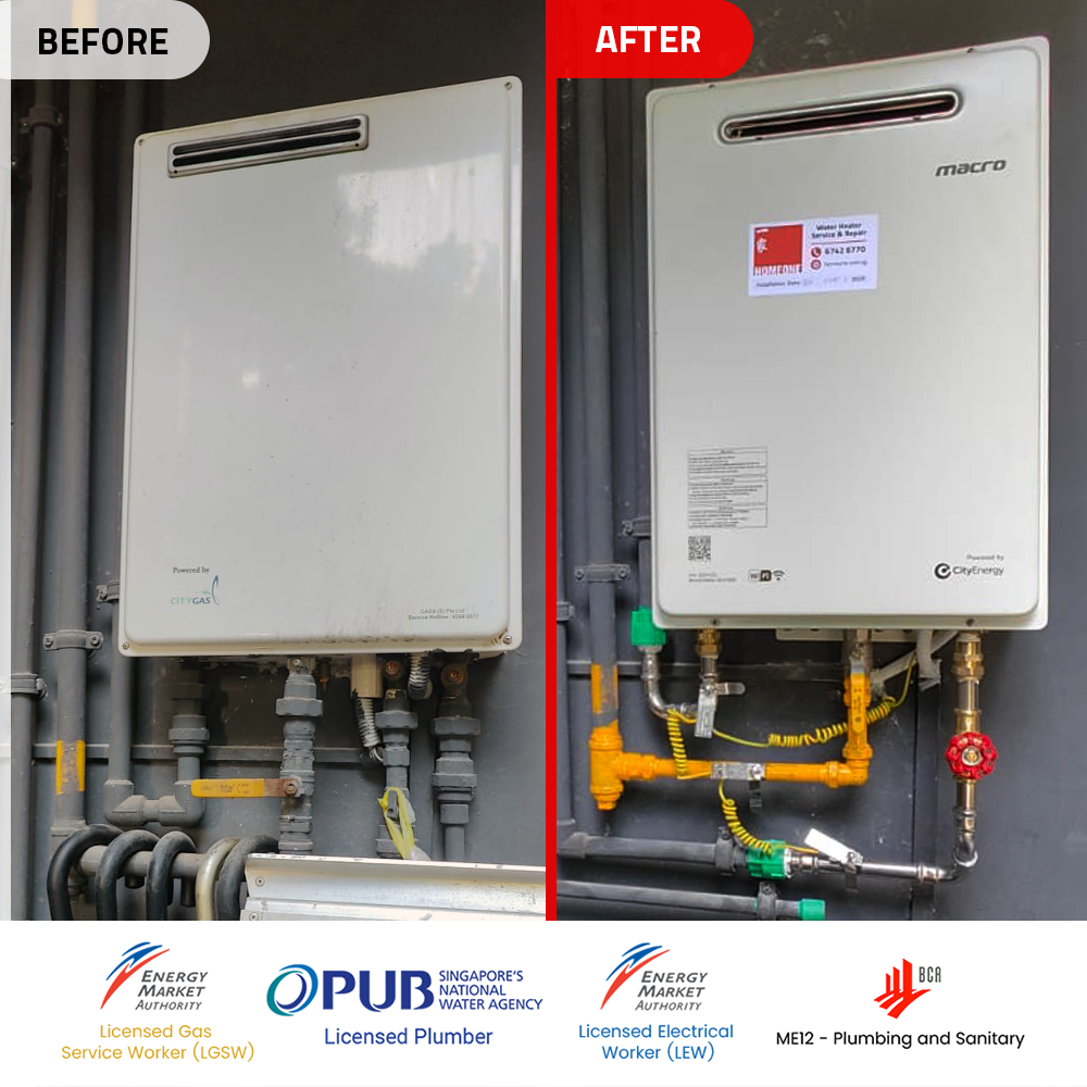 Gas Heater Installation and Replacement in Bukit Batok 4 before after - gas heater powered by city gas replacement at bukit batok le quest condo