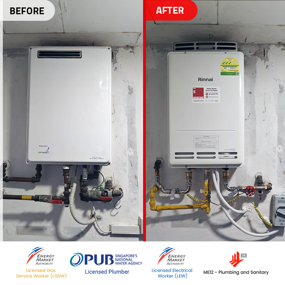before after gas heater powered by city gas replacement at bukit batok park natura