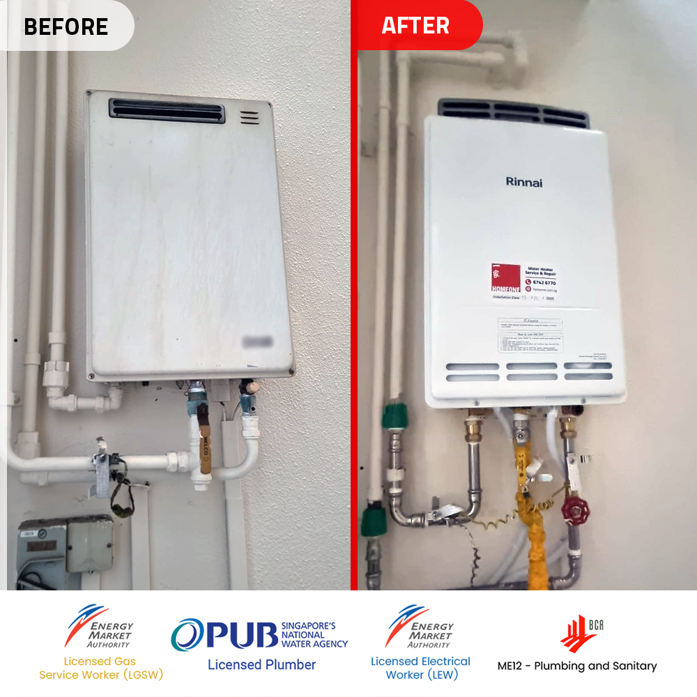 before after gas heater powered by city gas replacement at telok kurau - the amery