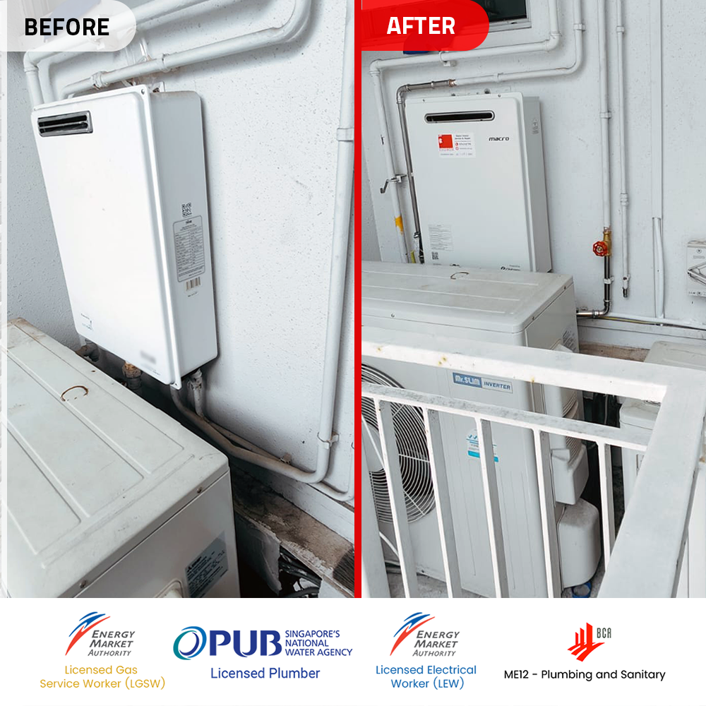 before after gas heater powered by city gas replacement at telok kurau - the lucent
