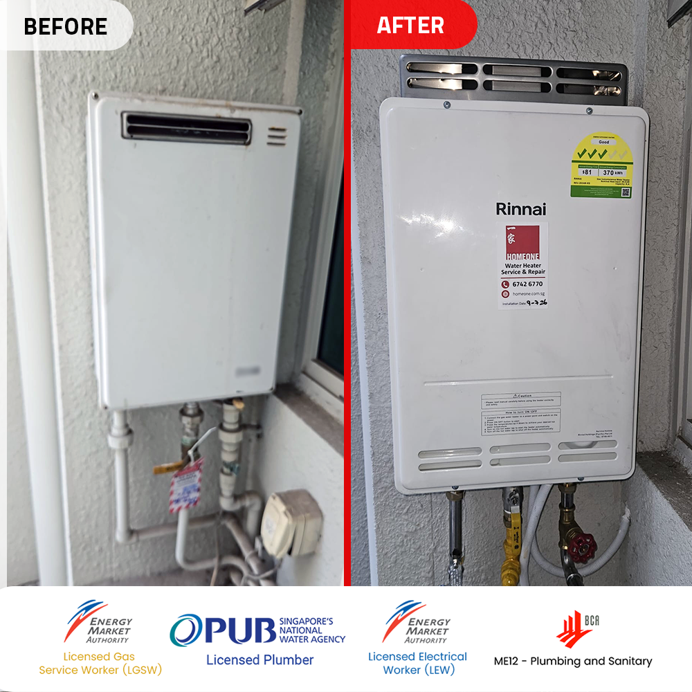 Gas Heater Installation and Replacement in Jurong West 1 before after gas heater powered by city gas replacement caspian jurong west