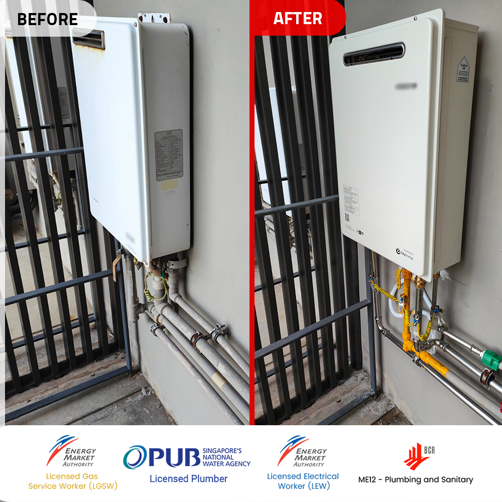 Gas Heater Installation and Replacement in Choa Chu Kang 4 before after gas heater powered by city gas replacement inz residences choa chu kang