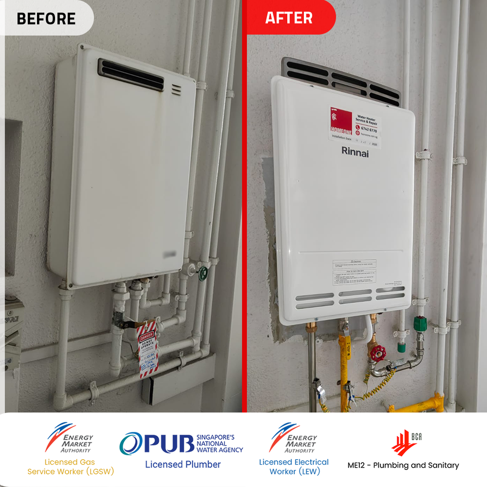 Gas Heater Installation and Replacement in Bukit Panjang 4 before after gas heater powered by city gas replacement tree house bukit panjang