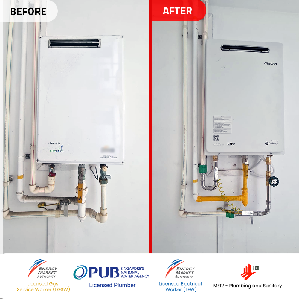 Gas Heater Installation and Replacement in Choa Chu Kang 8 before after gas heater powered by city gas replacement wandervale choa chu kang
