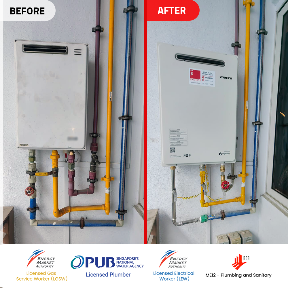 before after gas heater powered by citygas replacement at the greenwich - seletar