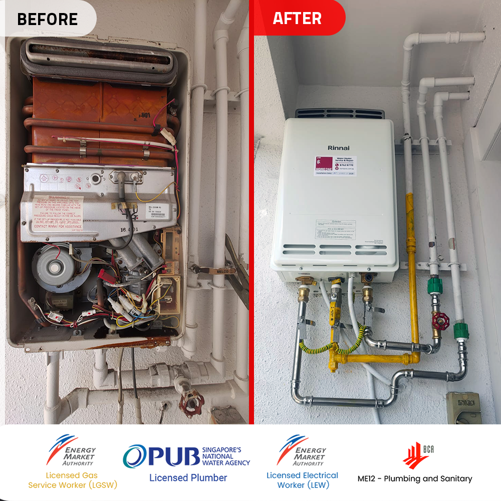 Gas Heater Installation and Replacement in Clementi 8 before after gas heater powered by citygas replacement monterey park