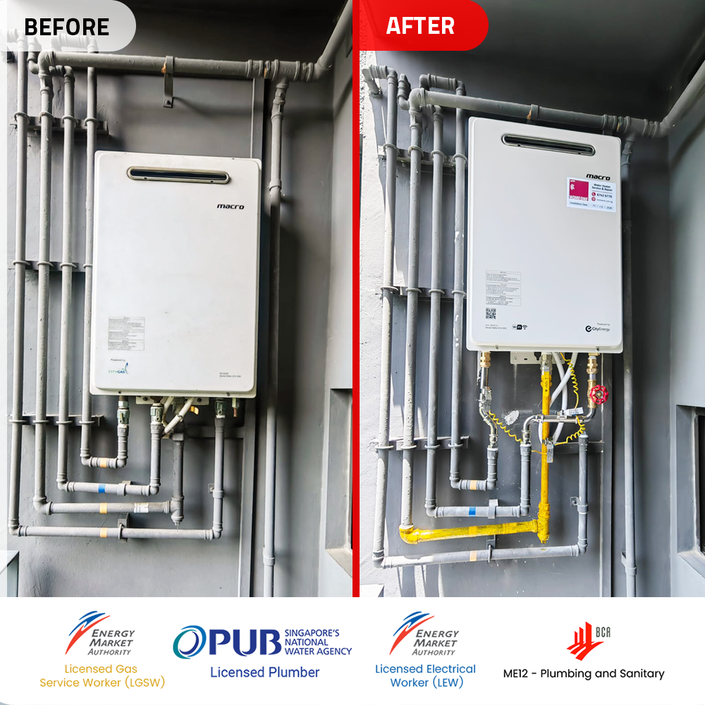 before after gas heater replacement at bedok grandeur park residences