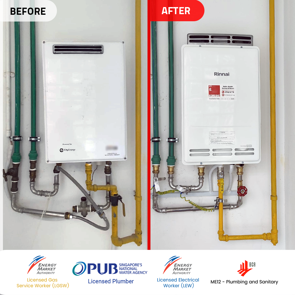 Before after replace gas heater powered by city gas at riveria gardens river valley