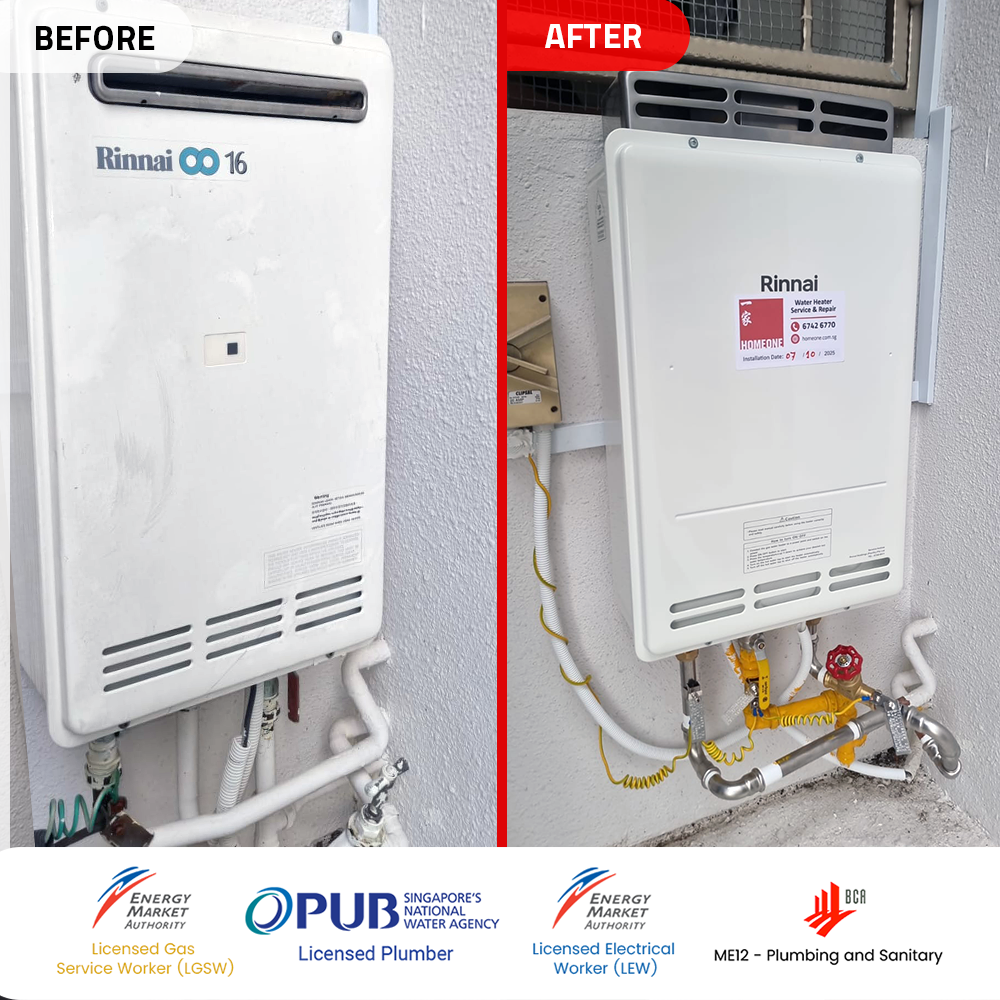 Gas Heater Installation and Replacement in Changi 4 before after Rinnai gas heater replacement changi rise condo