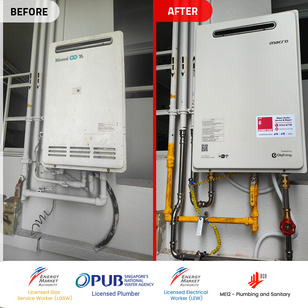 Gas Heater Installation and Replacement in Tiong Bahru 8 before after rinnai gas heater replacement - the regency tiong bahru
