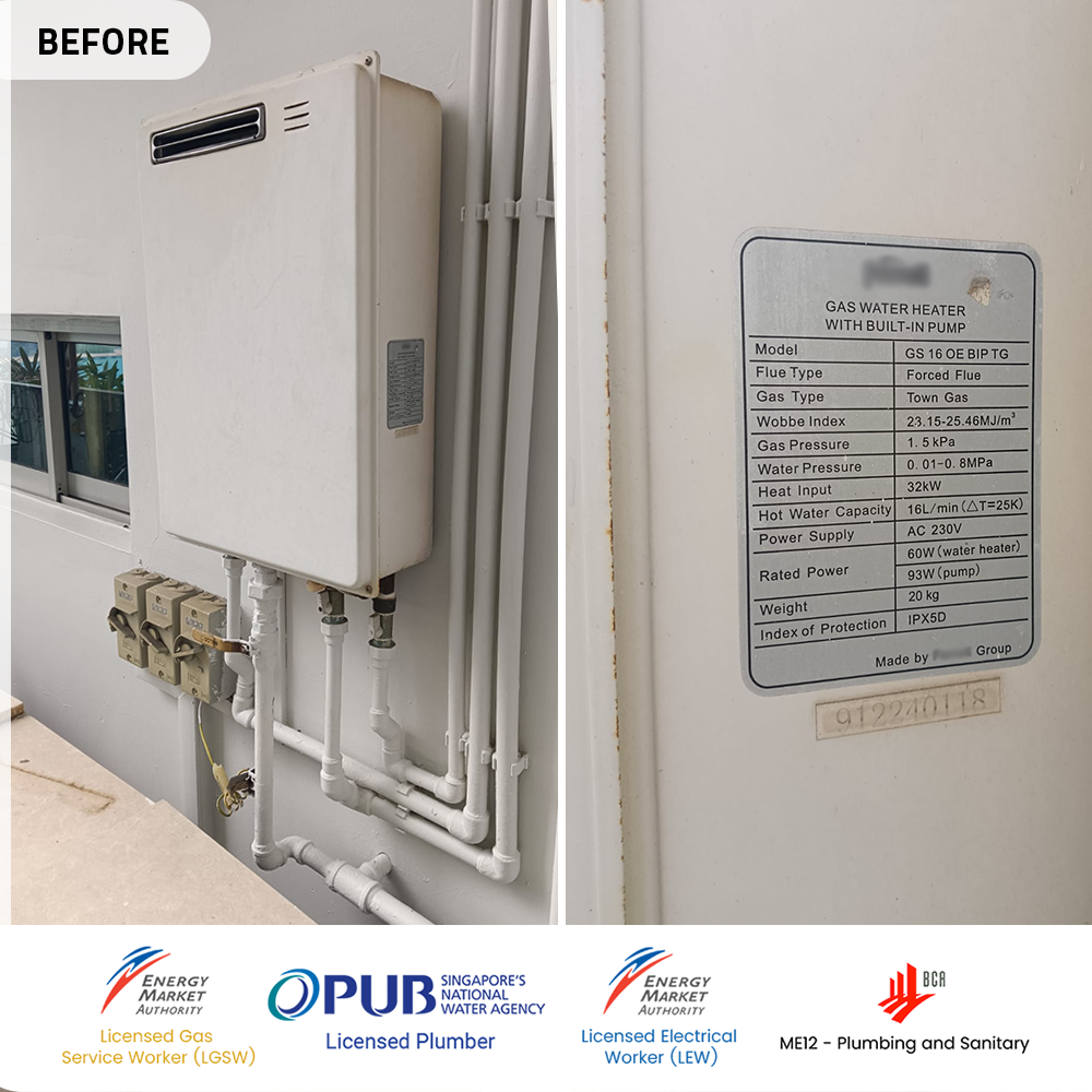 Gas Heater Installation and Replacement in Bishan 5 before gas heater powered by city gas replacement at bishan clover by the park