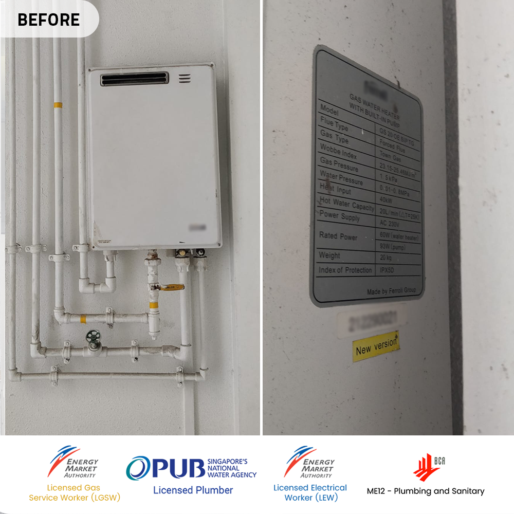 Gas Heater Installation and Replacement in Bukit Panjang 9 before gas heater powered by city gas replacement at blossom residences