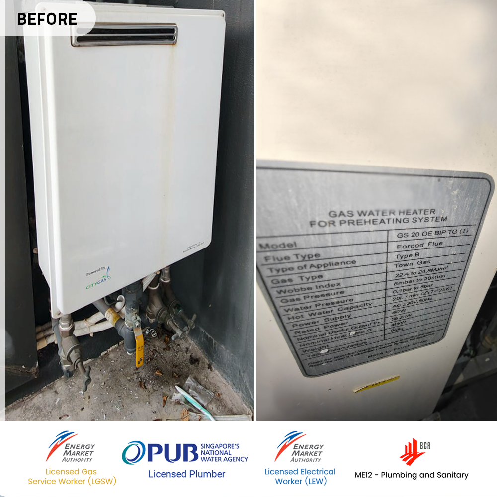 before gas heater powered by city gas replacement at paya lebar botanique at bartley