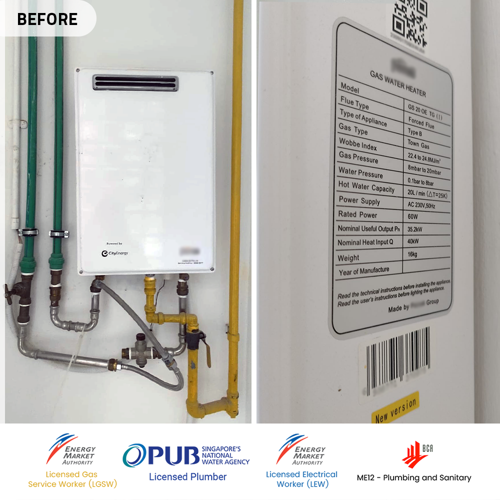 Before gas heater powered by city gas replacement at riveria gardens river valley