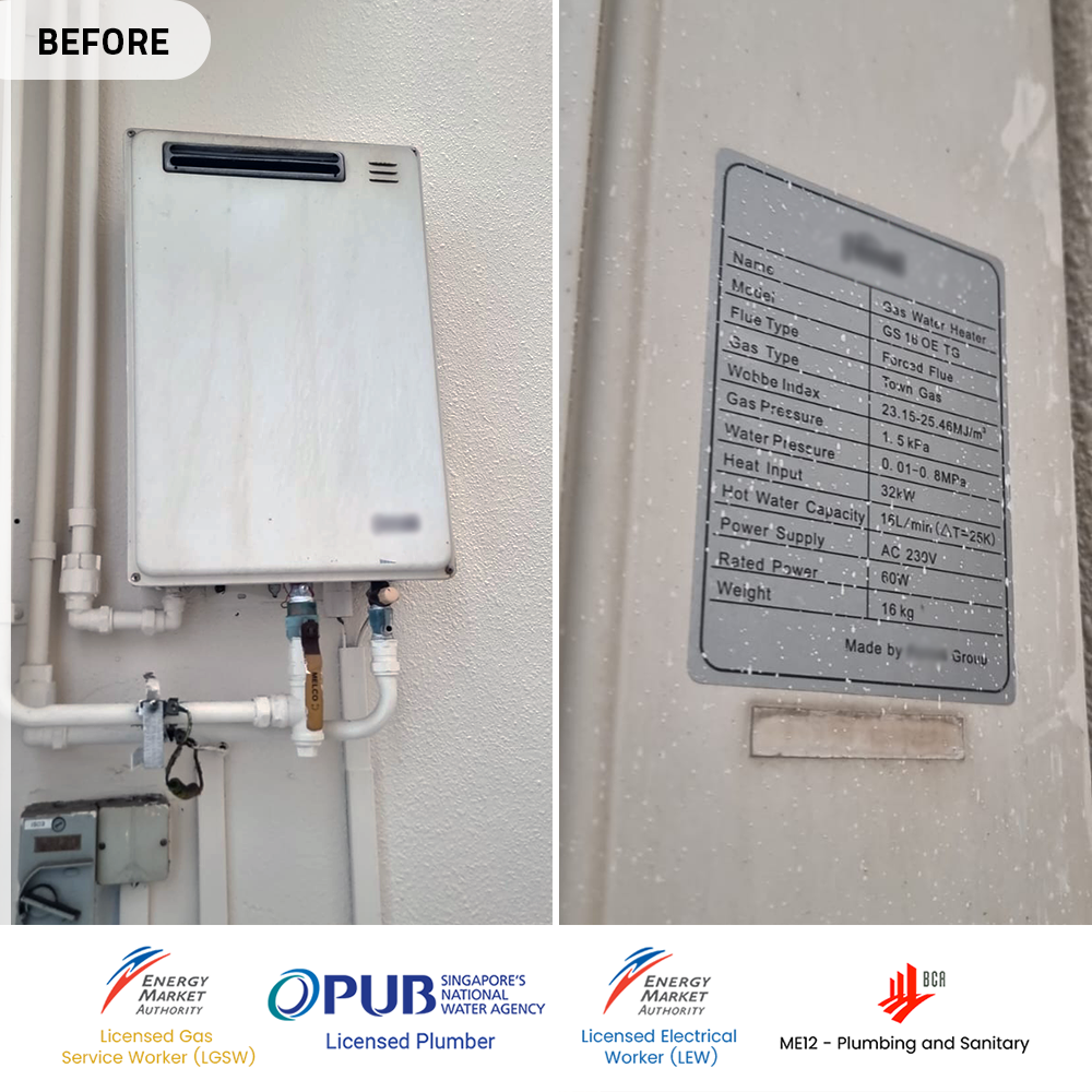 before gas heater powered by city gas replacement at telok kurau - the amery