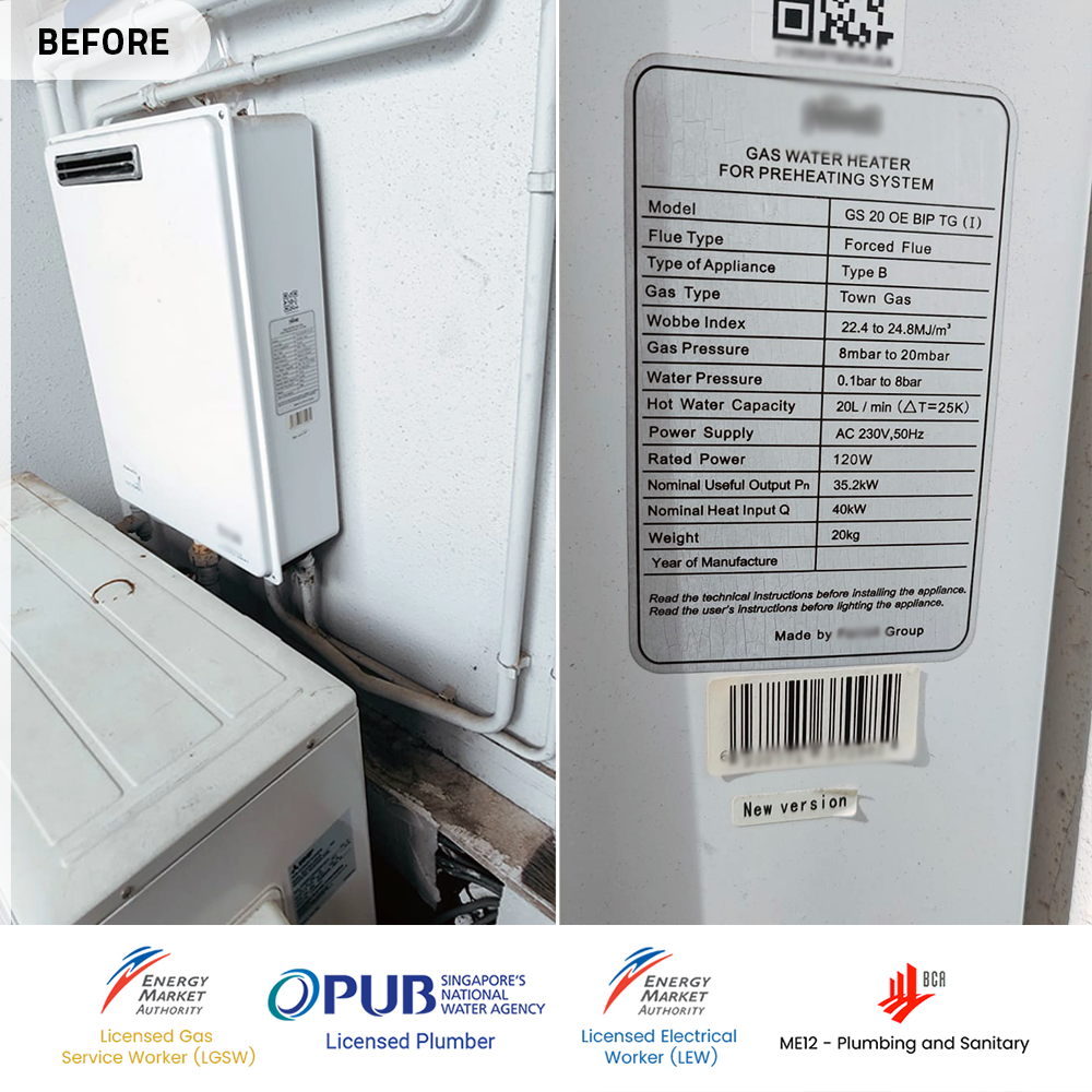 before gas heater powered by city gas replacement at telok kurau - the lucent