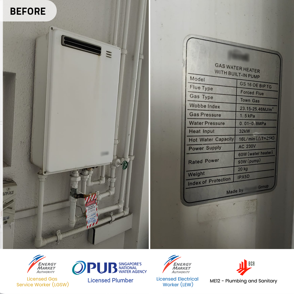 Gas Heater Installation and Replacement in Bukit Panjang 5 before gas heater powered by city gas replacement at tree house bukit panjang