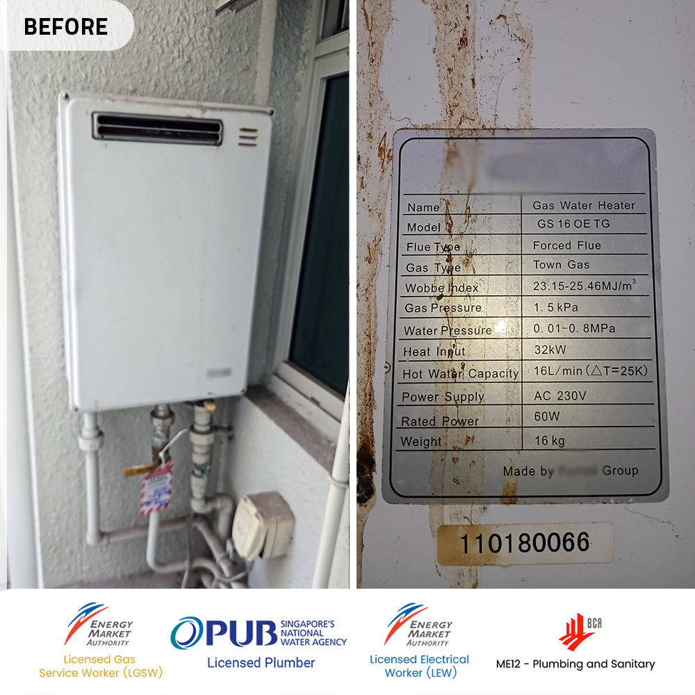 Gas Heater Installation and Replacement in Jurong West 2 Before gas heater powered by city gas replacement caspian jurong west