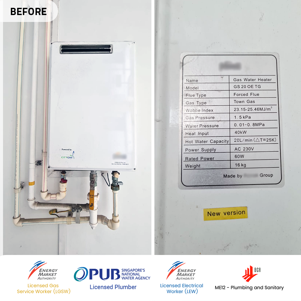Gas Heater Installation and Replacement in Choa Chu Kang 9 before gas heater powered by city gas replacement - wandervale choa chu kang