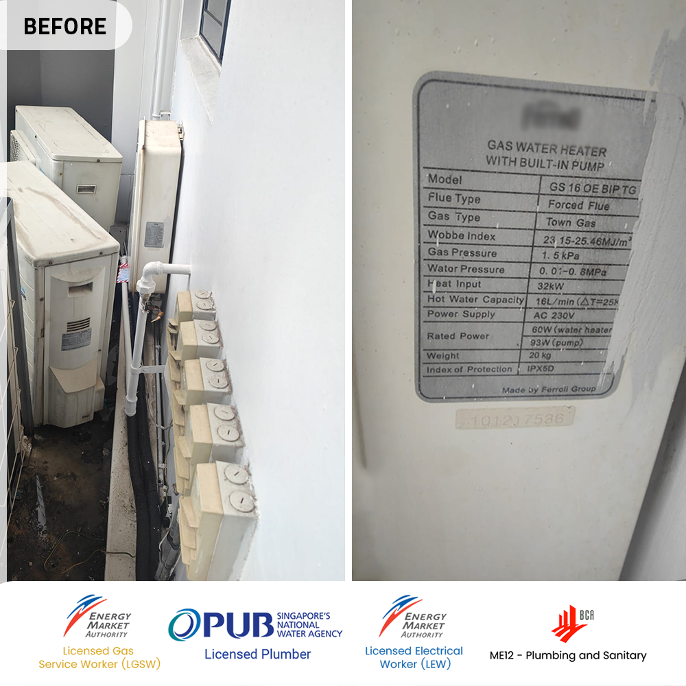Gas Heater Installation and Replacement in Outram 5 before gas heater powered by citygas replacement - emerald garden outram