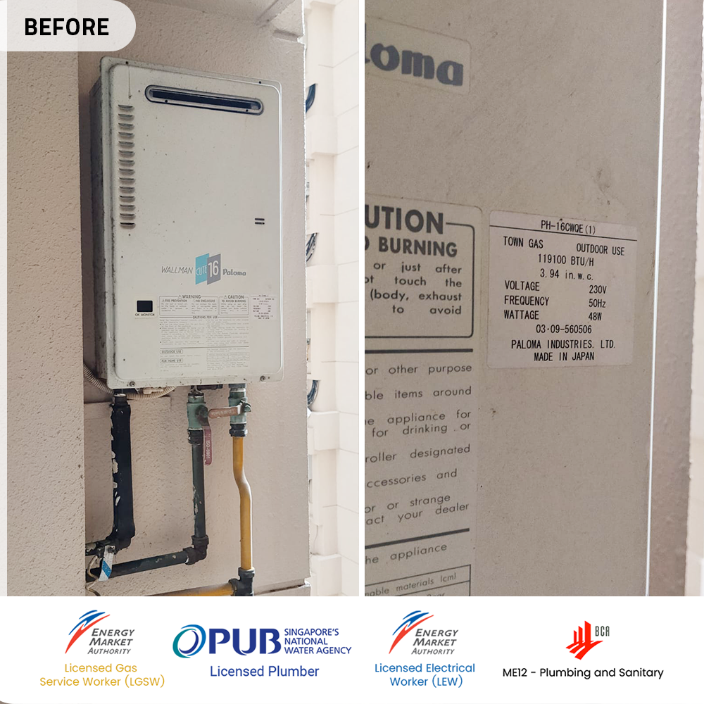 Gas Heater Installation and Replacement in Bishan 9 before paloma gas heater replacement at bishan - the gardens