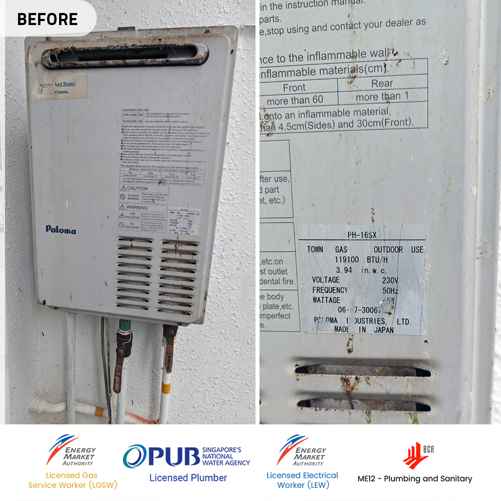 before paloma gas heater replacement at woodlands la casa