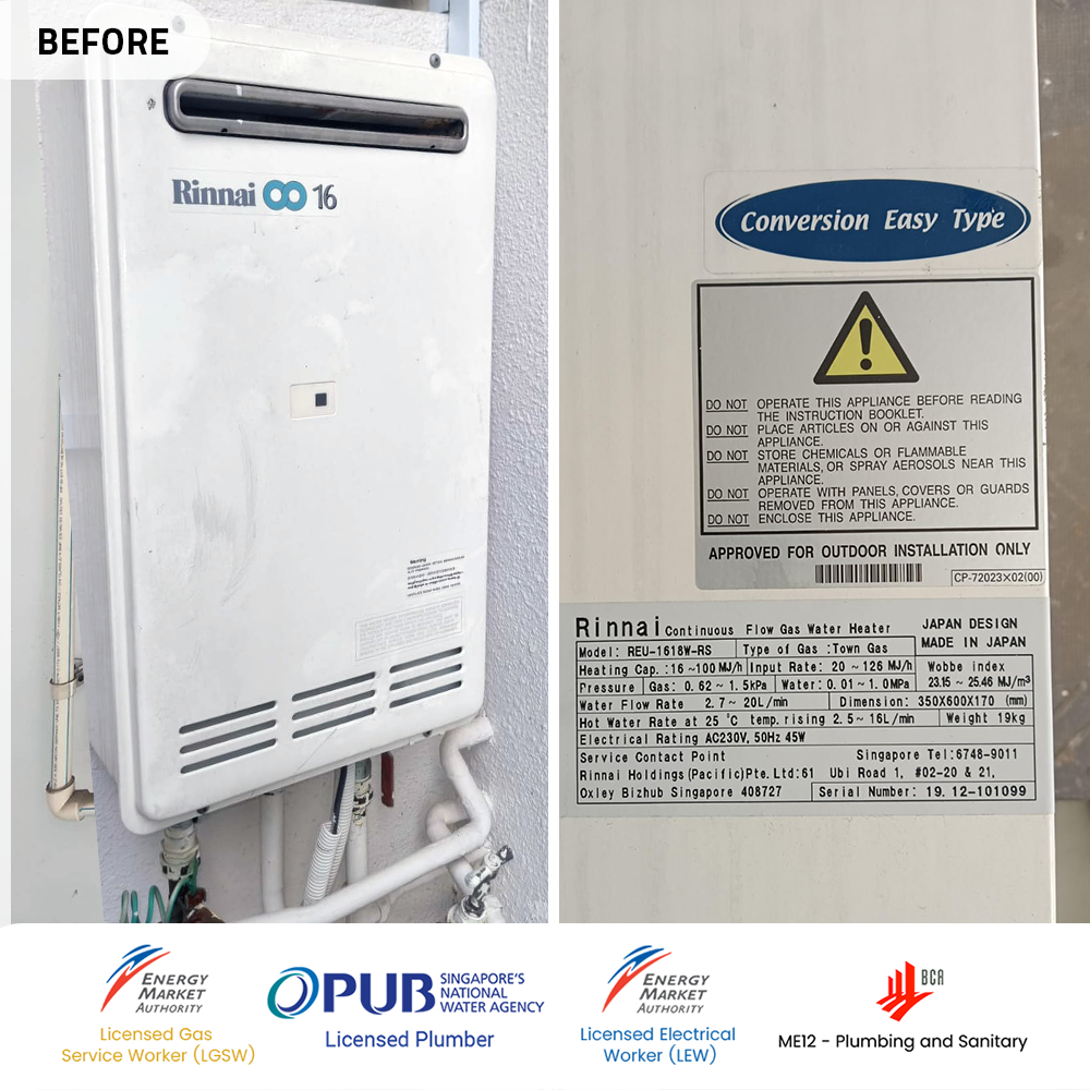 Gas Heater Installation and Replacement in Changi 5 before rinnai gas heater replacement changi rise condo